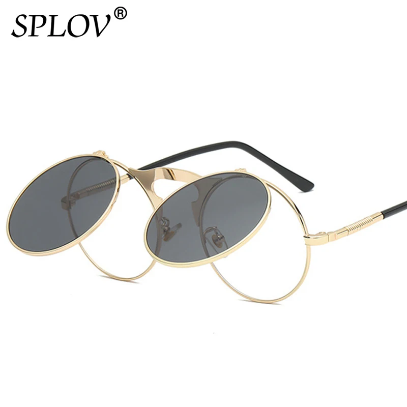 C06GoldBlack SPLOV, Ретро стиль, стимпанк, флип-ап, мужские солнцезащитные очки, женские, Ретро стиль, круглая металлическая оправа, солнцезащитные очки, шарнир, дизайн, изогнутые очки, ноги, UV400 - Цвет линз: C06GoldBlack