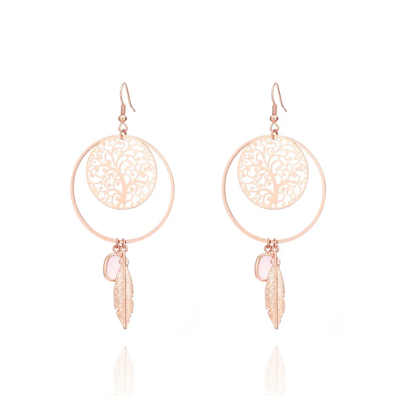 Rose Gold Color Полые круглые серьги-капли «Древо жизни», ювелирные изделия, Винтажные серьги с кисточками и кристаллами для женщин, серьги-капли, Прямая поставка - Окраска металла: Rose Gold Color