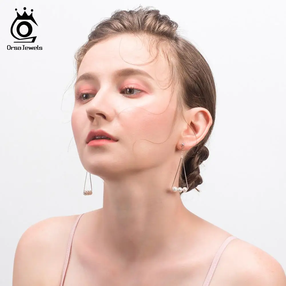 ORSA JEWELS чистое серебро 925, треугольная форма, жемчужные женские длинные висячие серьги из стерлингового серебра, новые серьги, ювелирные украшения SE152-P