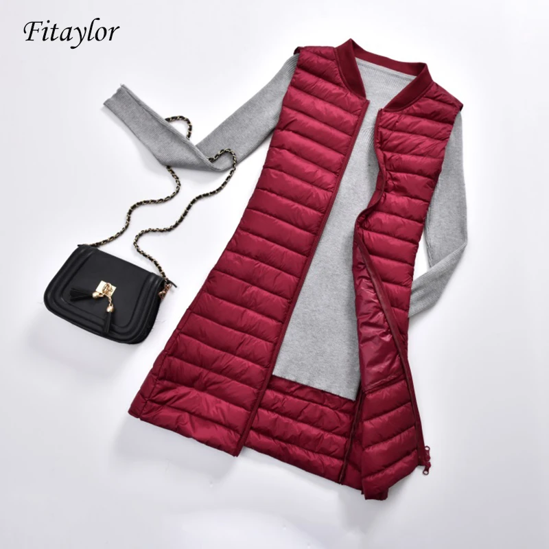 

Fitaylor Ultra Light Duck Down Vest Women Casual Duck Down Vest Jacket Autumn Winter V Neck Collar Zipper Sleeveless Long Coat