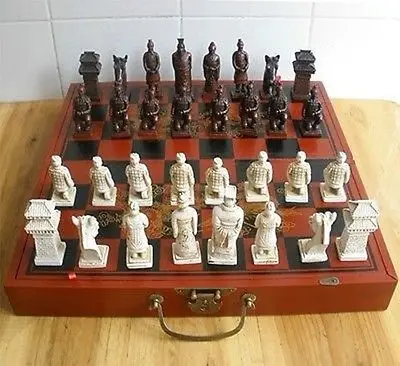 

Chinese 32 pieces chess set/box/Xian Terracota Warrior Garden Decoration 100% real Tibetan Silver Brass