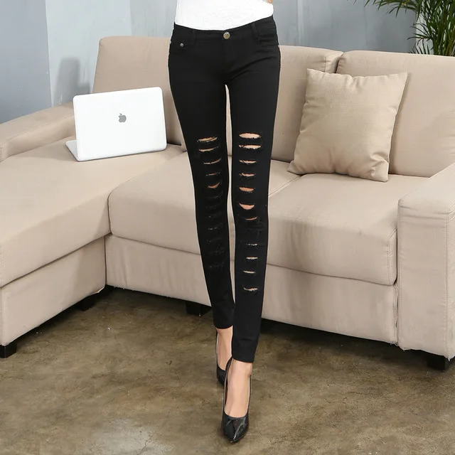 

Womens Black White Ripped Jean Leggings Women High Waist Cotton Denim Pencil Pants Women Skinny Jeans Leggings with Hole