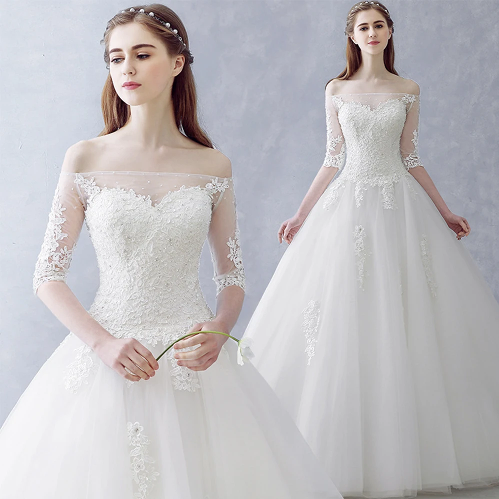 

Fansmile Vestido De Noiva Sleeve Pearls Vintage Ball Gown Wedding Dress 2020 Customized Plus Size Bridal Tulle Mariage FSM-635F