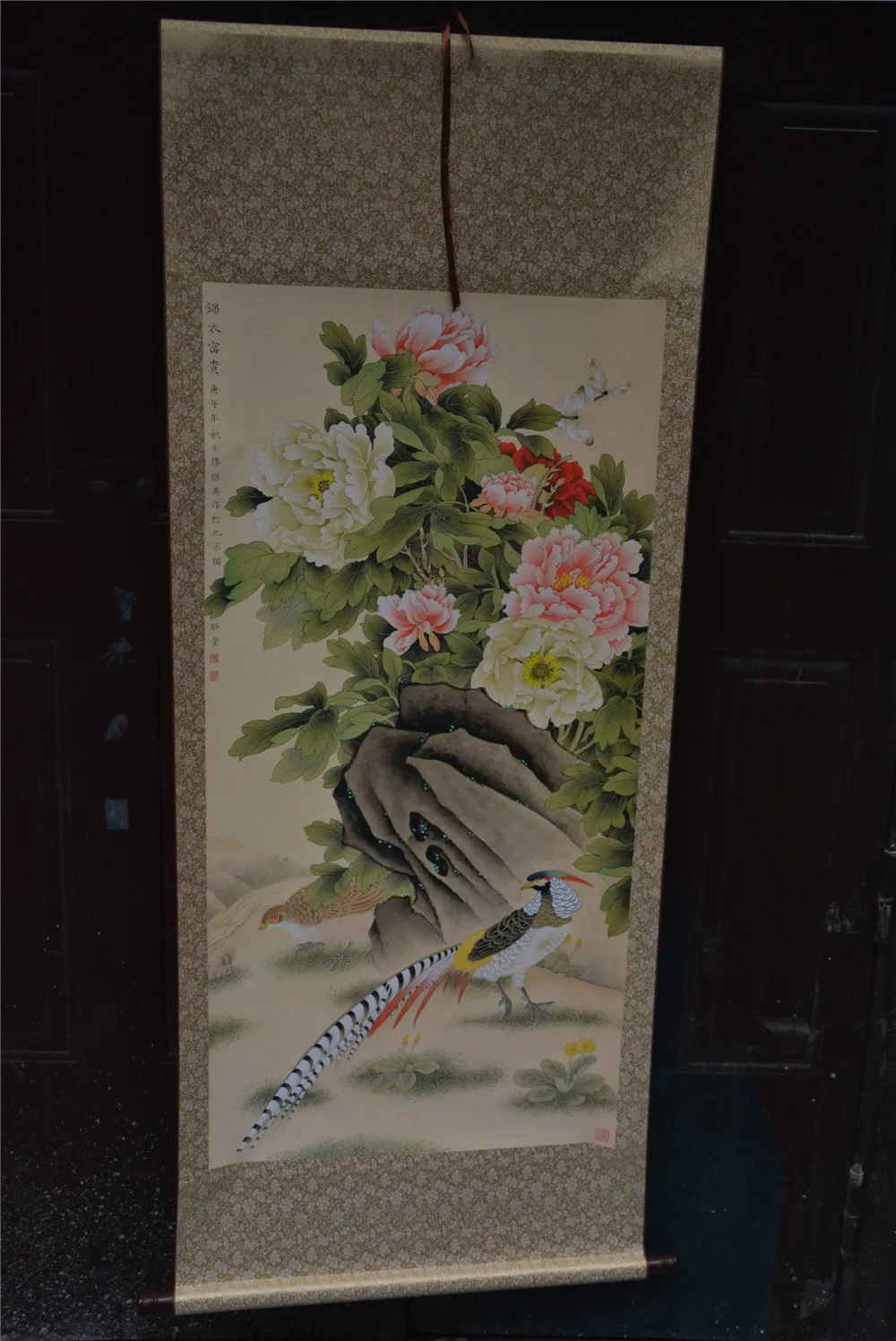 

Antique Hand-painted Chinese paintings, long axis of the Qing Dynasty in China,peony&bird,Free shipping