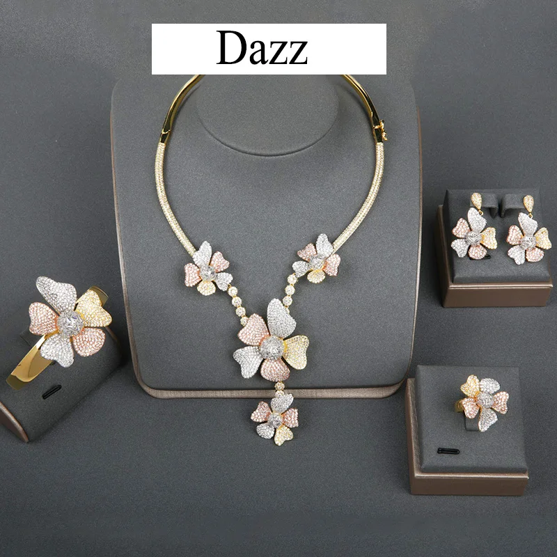 Dazz роскошный большой цветок CZ Циркон Свадебный нигерийский набор украшений для