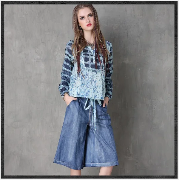 Women Blouses 2018 Keer Vintage Cotton Plaid Digital Printed Loose Blouse O-Neck Long-Sleeved Boho Shirts 9109 Feminina Blusas |
