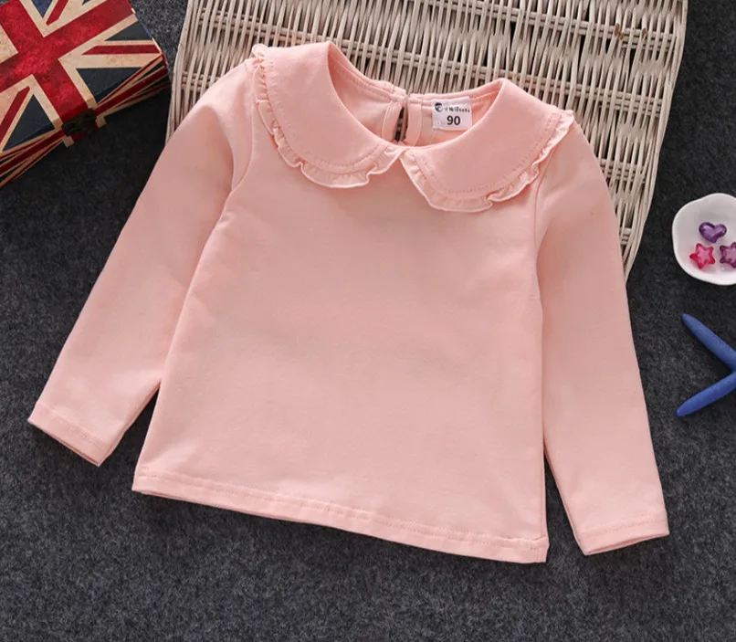 light pink Детские футболки Коллекция года; сезон весна-осень-зима; милая рубашка с кружевными лацканами для малышей Топы принцессы с оборками и длинными рукавами; детская одежда для девочек - Цвет: light pink