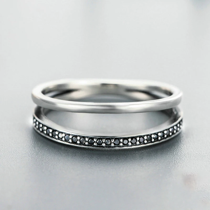 Серебряный цвет двойной круг черный прозрачный CZ штабелируемое кольцо на палец