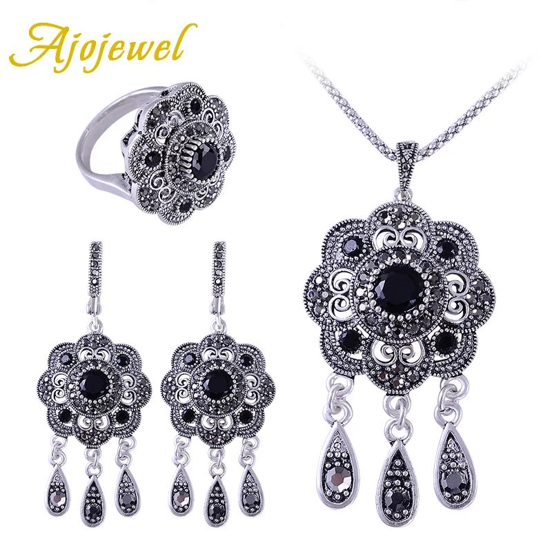 

Ajojewel Turkish Jewelry Sets Vintage Antique Black Crystal Flower Ring Tassel Earrings Necklace Sets For Women