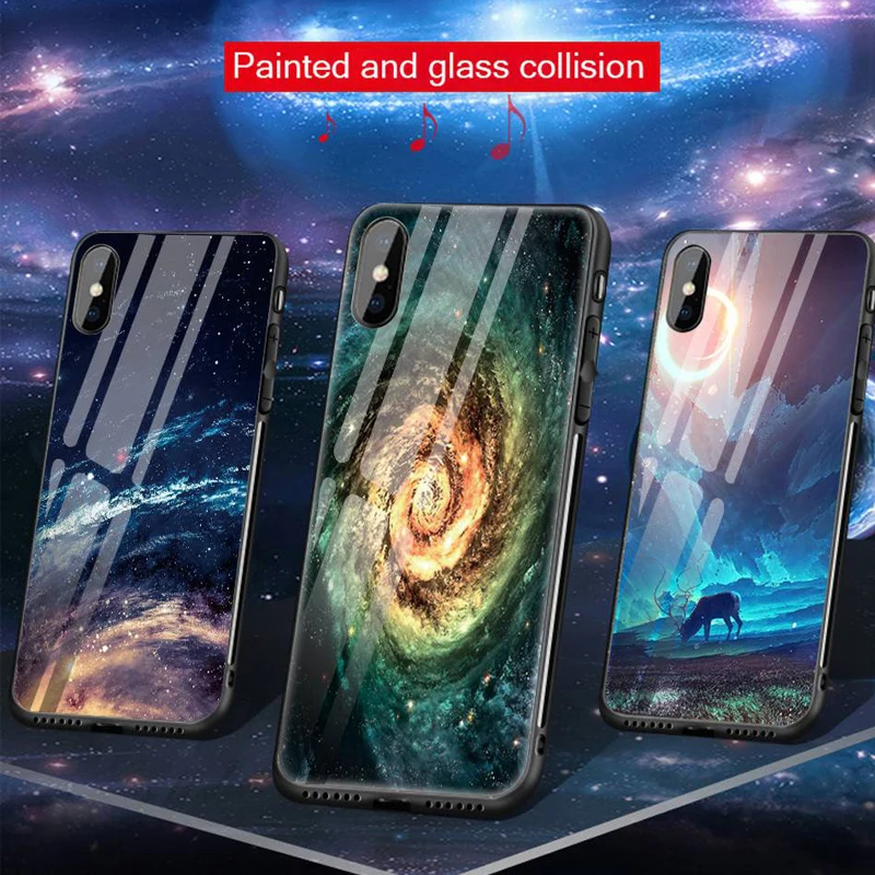 Luxury tempered glass case for iPhone XS Max silicone space patterned phone cover XR X 8 7 6 6s plus fitted coque |