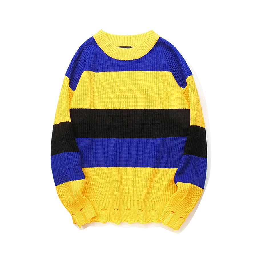 Фото Мужской свитер хипстер уличный пуловер с вырезом лодочкой цветной блок пэчворк