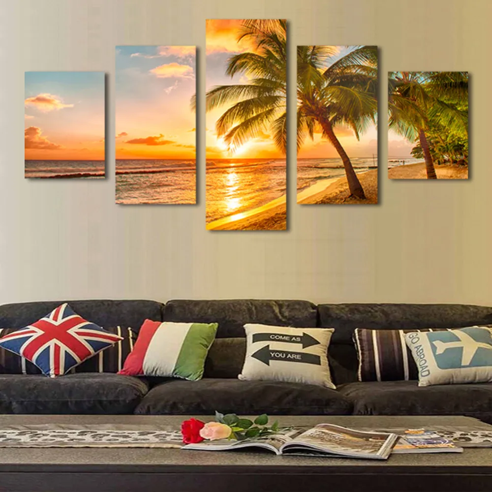 

Angel's Art 5pcs/set Unframed Sunrise Seascape Coconut Trees Landscape Print Wall Decor Canvas Painting