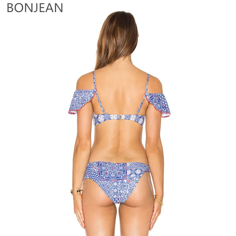 2018 New Bikini Set Women Bandage Push Up Swimsuit Low Waist Backless Swimwear Print Blue Summer Beach Swim |