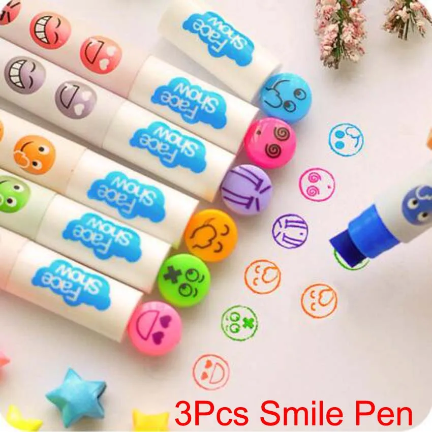 3 Pcs Smile Pen 3/6/10/12 шт дети мультфильм Печатные ручки детские, для малышей на заказ обучения Пластик резиновые автоматические печати игрушки - Цвет: 3 Pcs Smile Pen