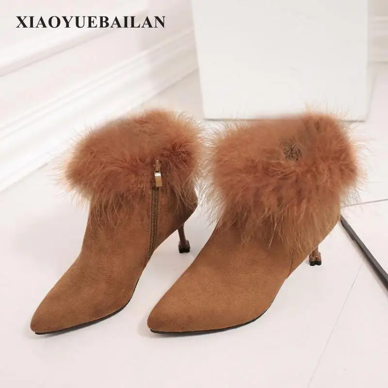 Модные женские ботинки на высоком каблуке с плюшевой подкладкой пикантные