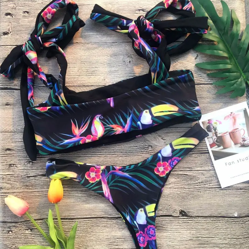 Бикини 2018 бандо Зеленый с цветочным принтом открытыми плечами комплекты бикини