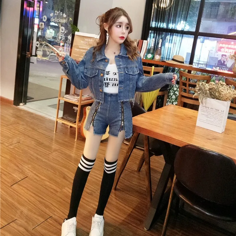 Женский уличный комплект из двух предметов джинсовая короткая куртка с длинным