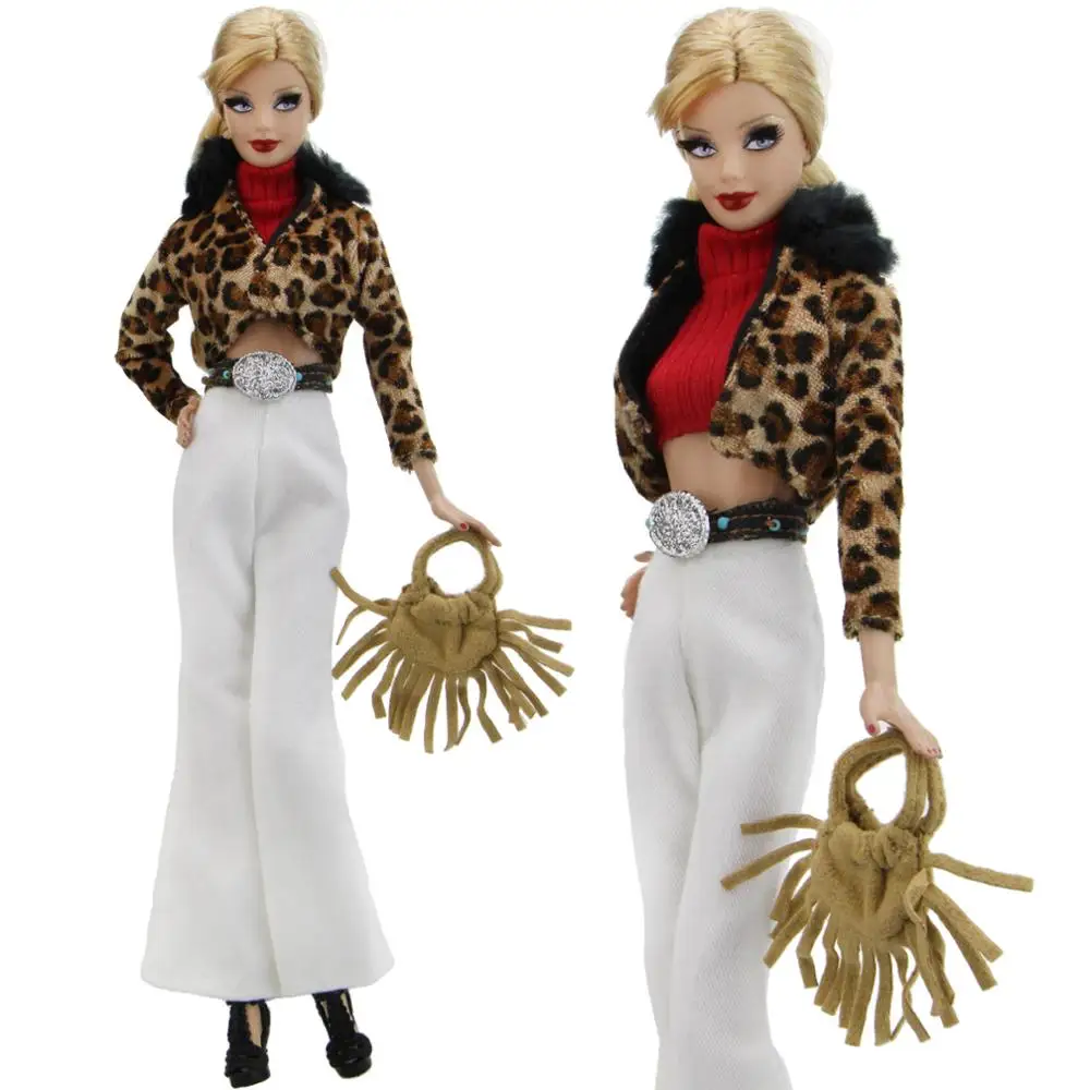 3 в 1 Модная одежда Леопардовый принт пальто свитер белые брюки кисточки Сумочка