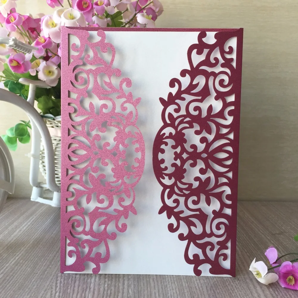 

50pcs/lot Hollow Lace Laser Cut Red Pearl Paper Invitation Card For Wedding Invitations Liana Pattern Theme Party Or Ceremony