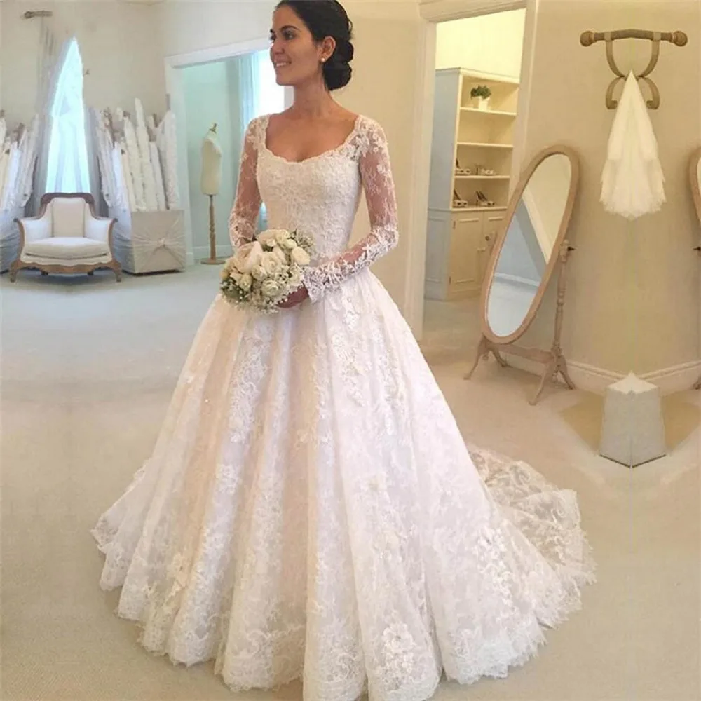 2019 Лидер продаж кнопка белые кружевные свадебные платья с аппликацией длинными