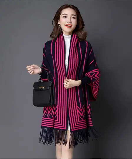 

Зимнее Полосатое кашемировое пончо двойного назначения с кисточками и рукавом из пашмины для женщин