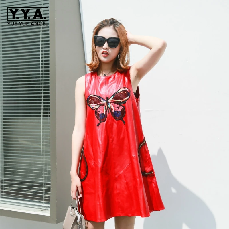 Robe Femme женское платье трапециевидной формы без рукавов новые женские милые платья с вышивкой из натуральной кожи свободные для девочек vestidos Красный