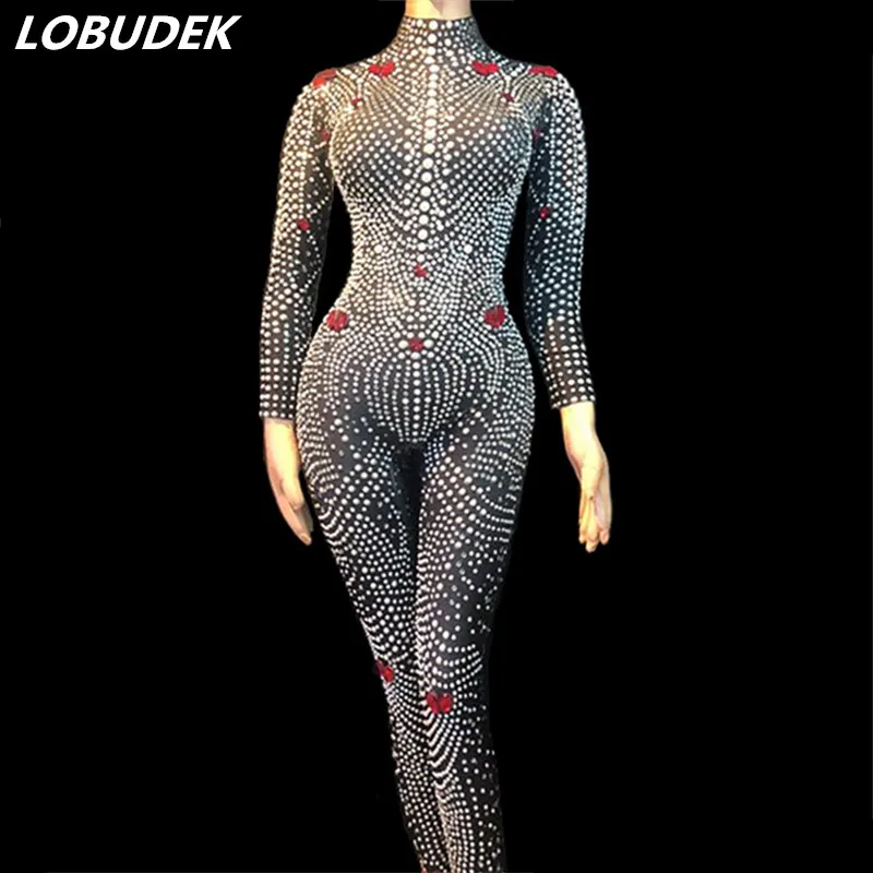 

Sparkly Rhinestones Jumpsuit Pearls Crystals Jumpsuits Women Party Celebration Stage Costume Nightclub Singer DJ Show Club Wear