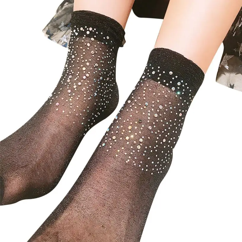 4 цвета носки Модные прозрачные короткие с кристаллами сетчатые блестящие