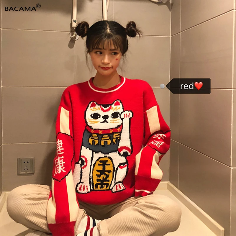 BCM Новый китайский стиль утолщенный красный пуловер 2018 весна свитер Lucky Cat хлопок