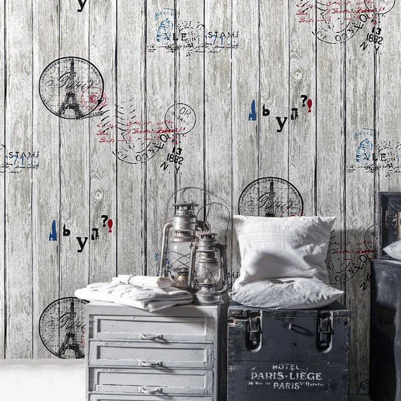 

Mediterranean Letters Retro Wallpaper Tower Personality Striped Pattern Wood Wallpaper Roll For Bar Cafe Clothing Store