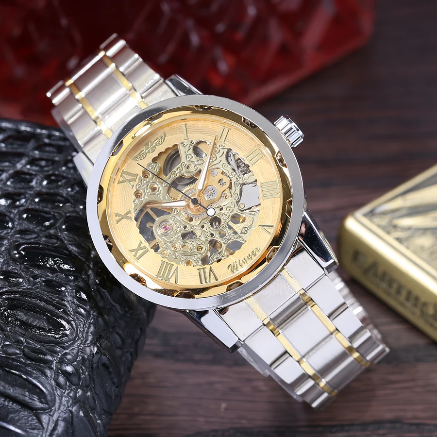 Механическая Скелет наручные часы прозрачные золотые Для мужчин Часы лучший