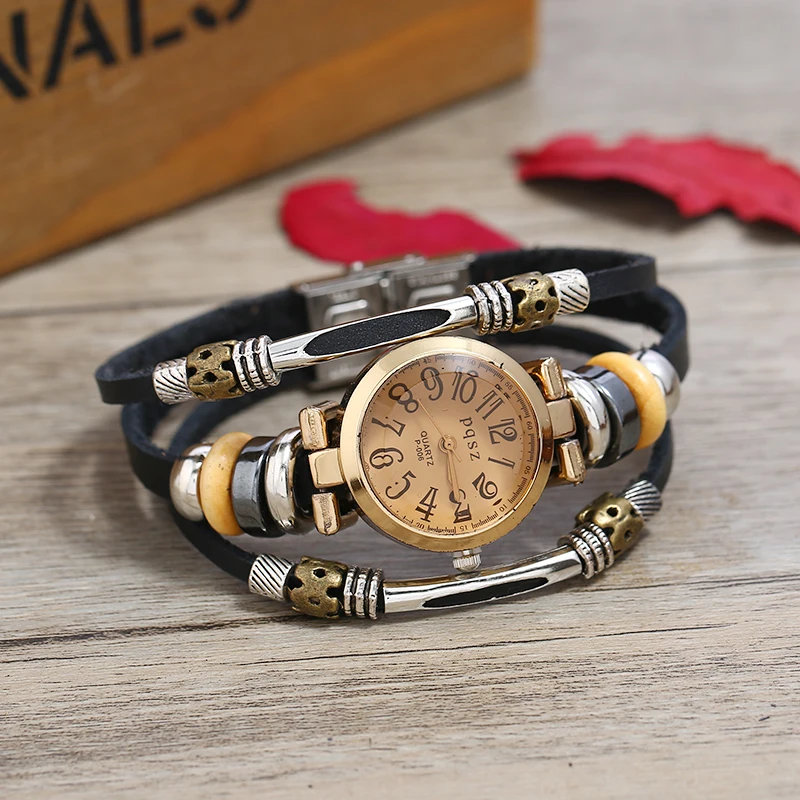 Gnova Platinum Top Genuine Leather Women Watch Arabic Numbers Triple Bracelet Fashion Quartz Wristwatch Reloj Para Dama B028 | Наручные