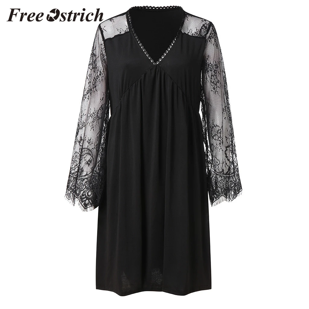 Женское кружевное мини платье с длинным рукавом и v образным вырезом свободного