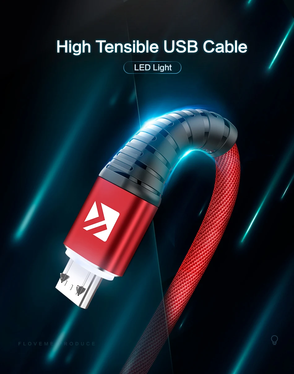 FLOVEME микро светодиодный кабель USB для samsung Xiaomi 2.4A Быстрая зарядка зарядное устройство синхронизации данных Microusb Android мобильный телефон провод шнур