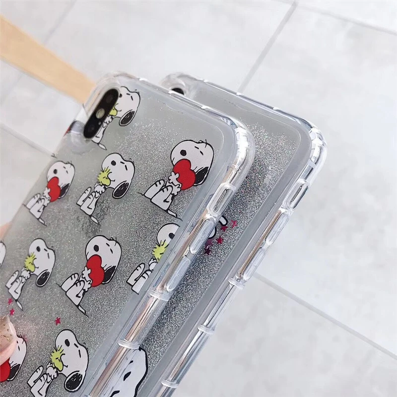 WTSZKL Cartoon Snoopy Liquid Quicksand Mobile Shell for iphone X XS XR MAX 6 7 8 6s PLUS Naked Bear Pattern Cover Back |
