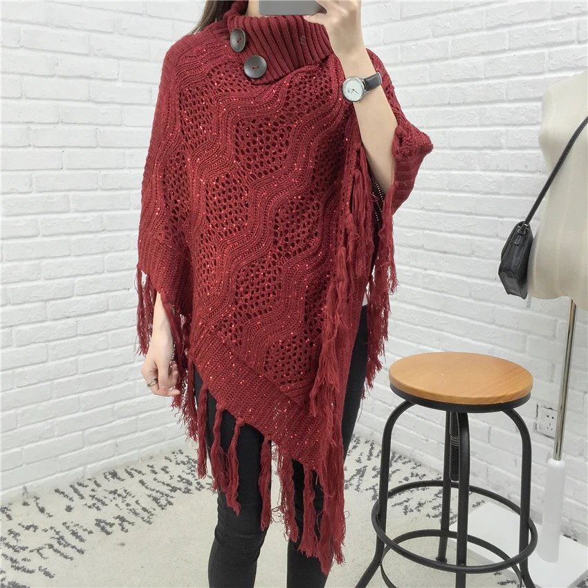 Модное Длинное пончо в клетку из пашмины шарф с высоким воротом полосатый свитер