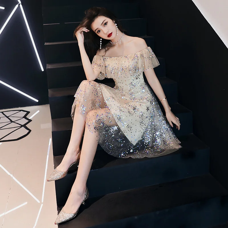Элегантное короткое платье Ципао цвета шампанского с пайетками Vestidos брюки Чино