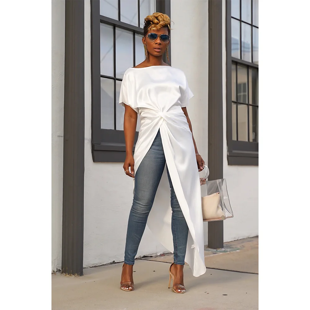 Solid Fashion Irregular Women Tshirt Office Lady Slash Neck Tee Shirt Femme Short Sleeve Summer Tunic Tops