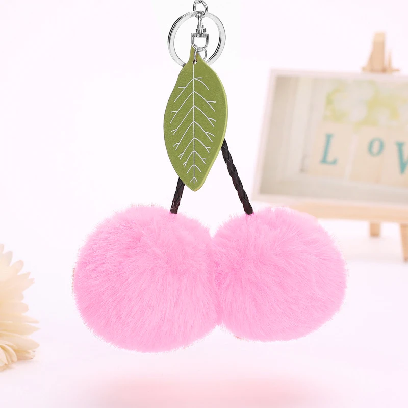 2017 New Arrival Cherry Keychain Natural Rabbit Fur Silver KeyRing Women Double Ball Pompon Key Chain Phone Bag Pandent Female | Украшения