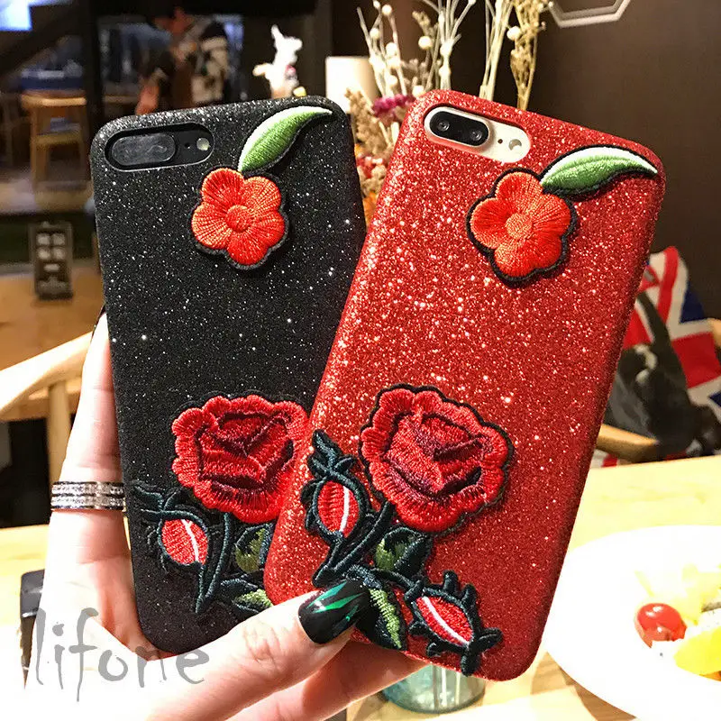 Вышивка розы чехол для iPhone 7 8 6 S плюс ручной работы 360 градусов роза с сияющими