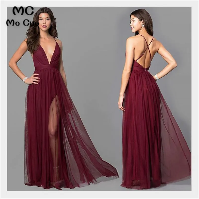 

Sexy 2018 Ready Ship Burgundy Bridesmaid Dresses Long with Pleat Deep V-Neck Tulle Wedding Party Dress Bridesmaid Dress