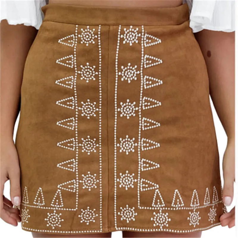 

Early Autumn winter new fashion symmetric embroidery deerskin Tighten Skirt street casual a-line simple skirt black brown select