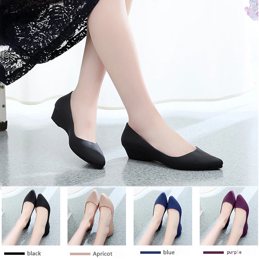 Женские тонкие туфли с острым закрытым носком Простые женские на танкетке