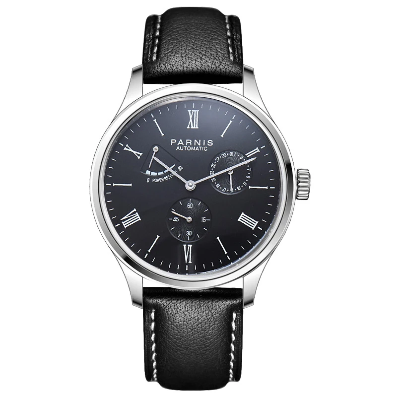 sliver case black Parnis, механические мужские часы с автоматическим подзаводом, коричневый кожаный ремешок, мужские часы, relogio masculino, коробка для часов - Цвет: sliver case black