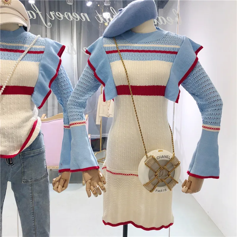 2018 Womens Jumpers Ruffled Striped Slim Female Sweater with Flare-sleeve Ladies Sweet Fashion Knitted for Christmas | Женская одежда