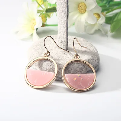 Simple hollow half round stone drop earring gold color dazzling acrylic foil dangle women girls jewelry accessories | Украшения и