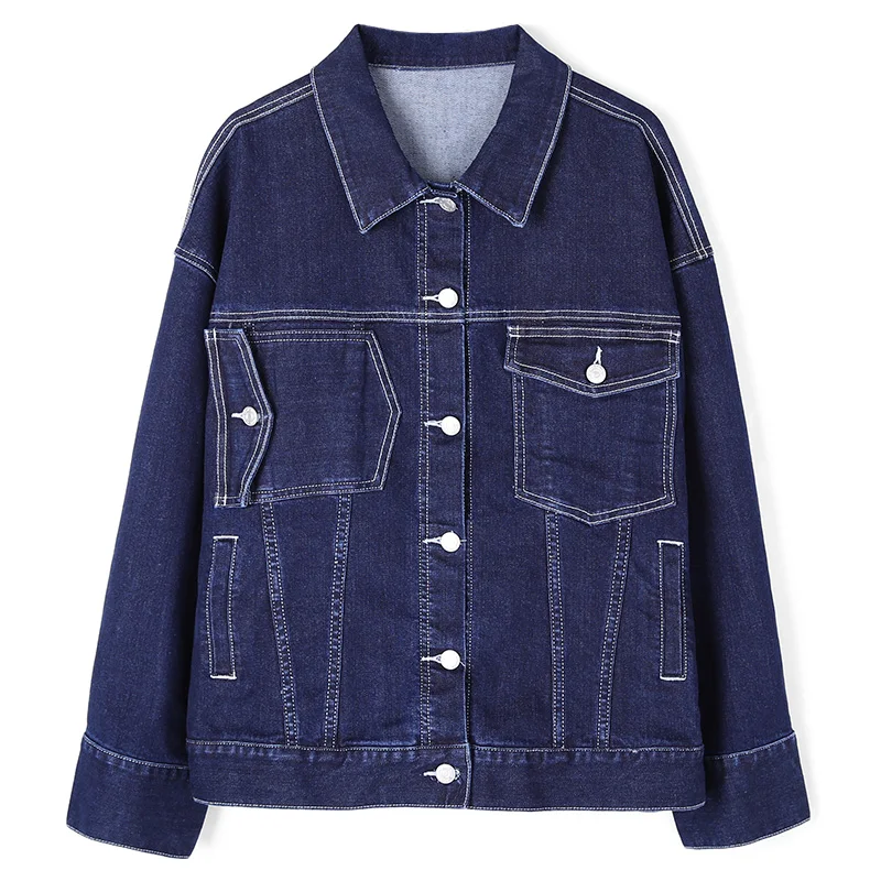 Женская джинсовая куртка LEIJIJEANS, повседневная синяя свободная куртка большого размера, с отложным воротником, рукавами полной длины простая верхняя одежда, весна-осень