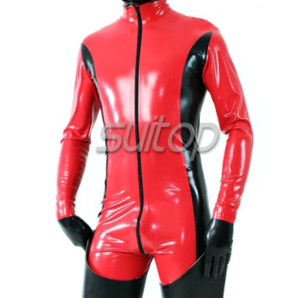 

men's red latex rubber catsuit with gloves sexy and hot female 's zentai with front zip through crotch