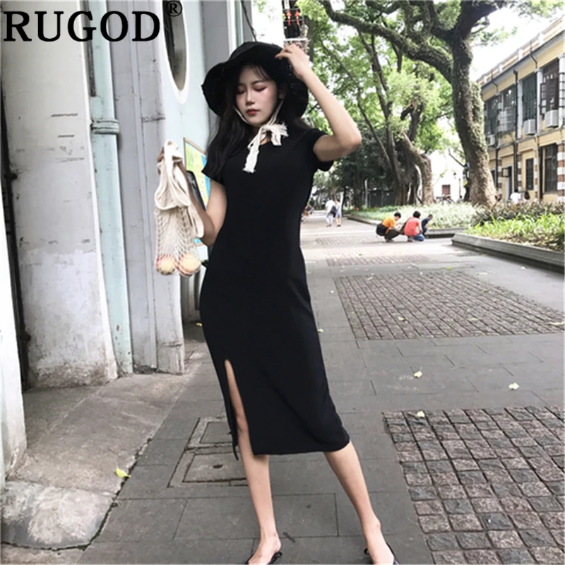 Женское вечернее платье с круглым вырезом RUGOD однотонное элегантное до середины