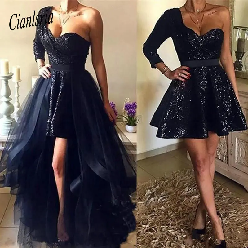 same as pic Темно-синие коктейльные платья на одно плечо вечерние платья со блестками над юбкой Дешевые Короткие вечерние платья для выпускного вечера - Цвет: same as pic